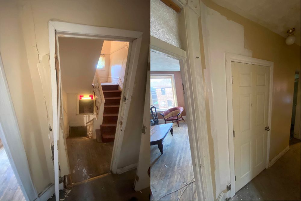 photo of drywall repair new door trim before and after pic