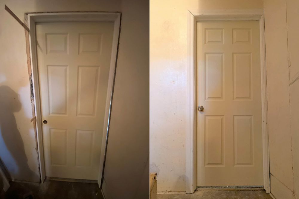 photo of room door replacement with new door trim before and after pic