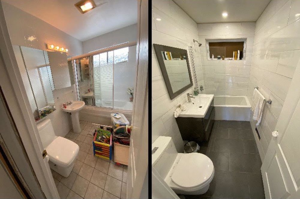 BEFORE and AFTER photo of tile installation job and bathroom renovation in Ottawa home