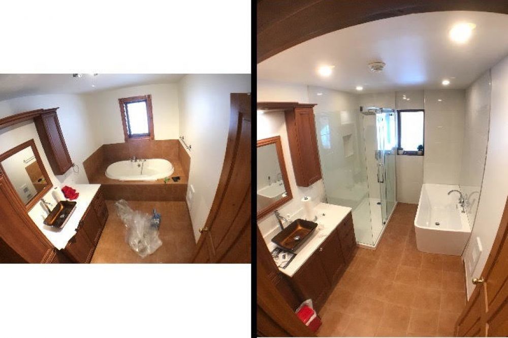 BEFORE and AFTER photo of tile installation installation and bathroom reno makeover in Ottawa